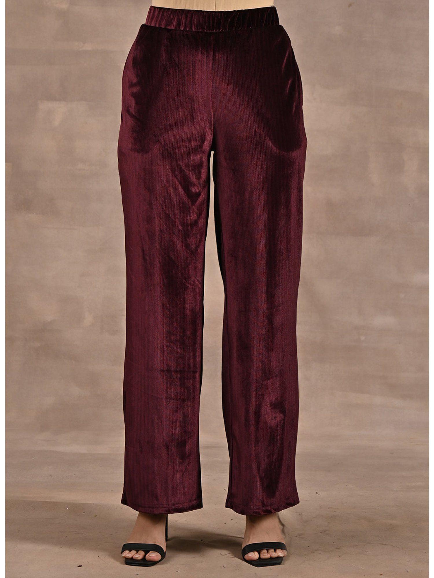 solid maroon velour straight-fit palazzo with elastic waist band