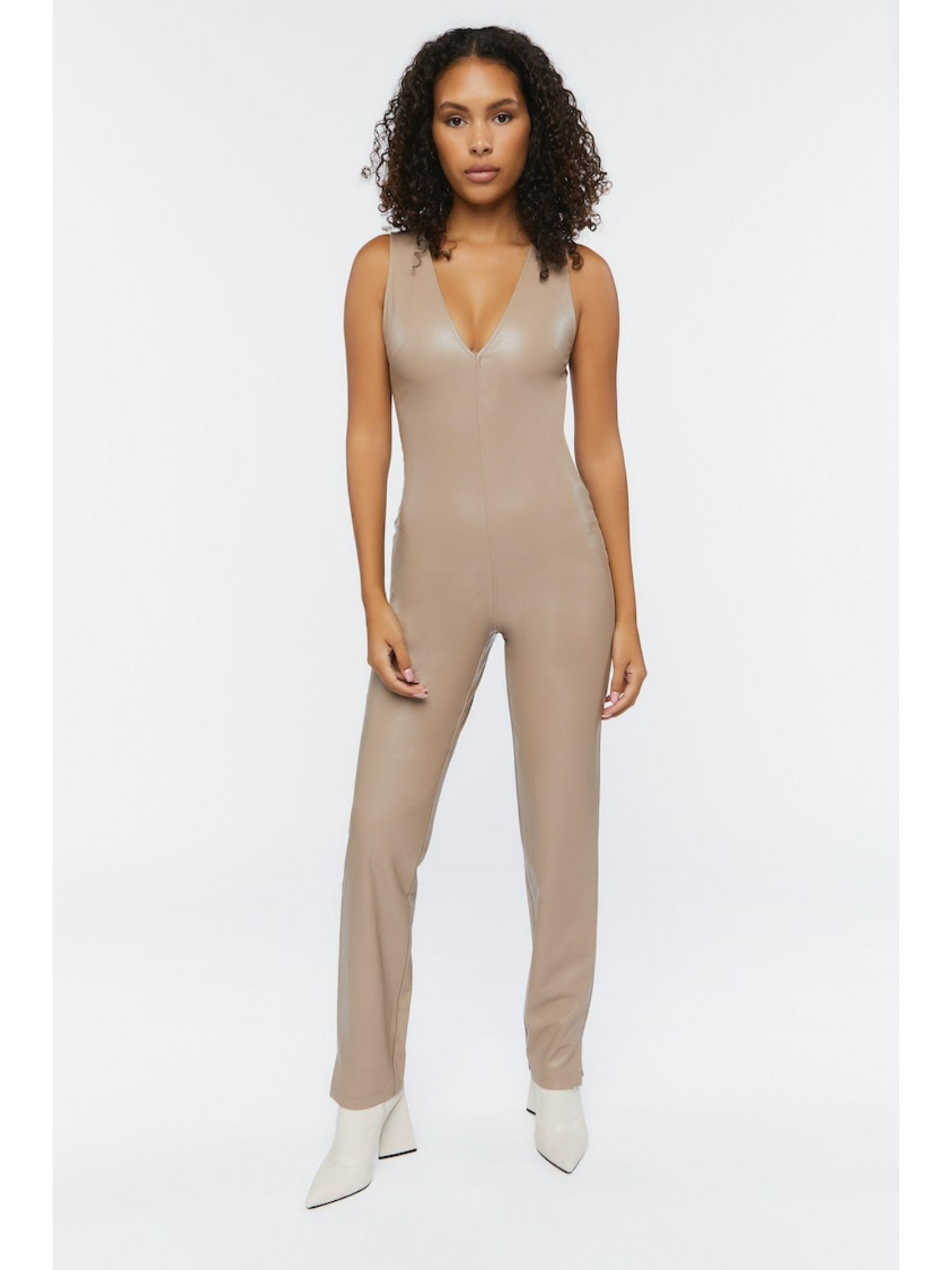 solid mauve plunging neck jumpsuit