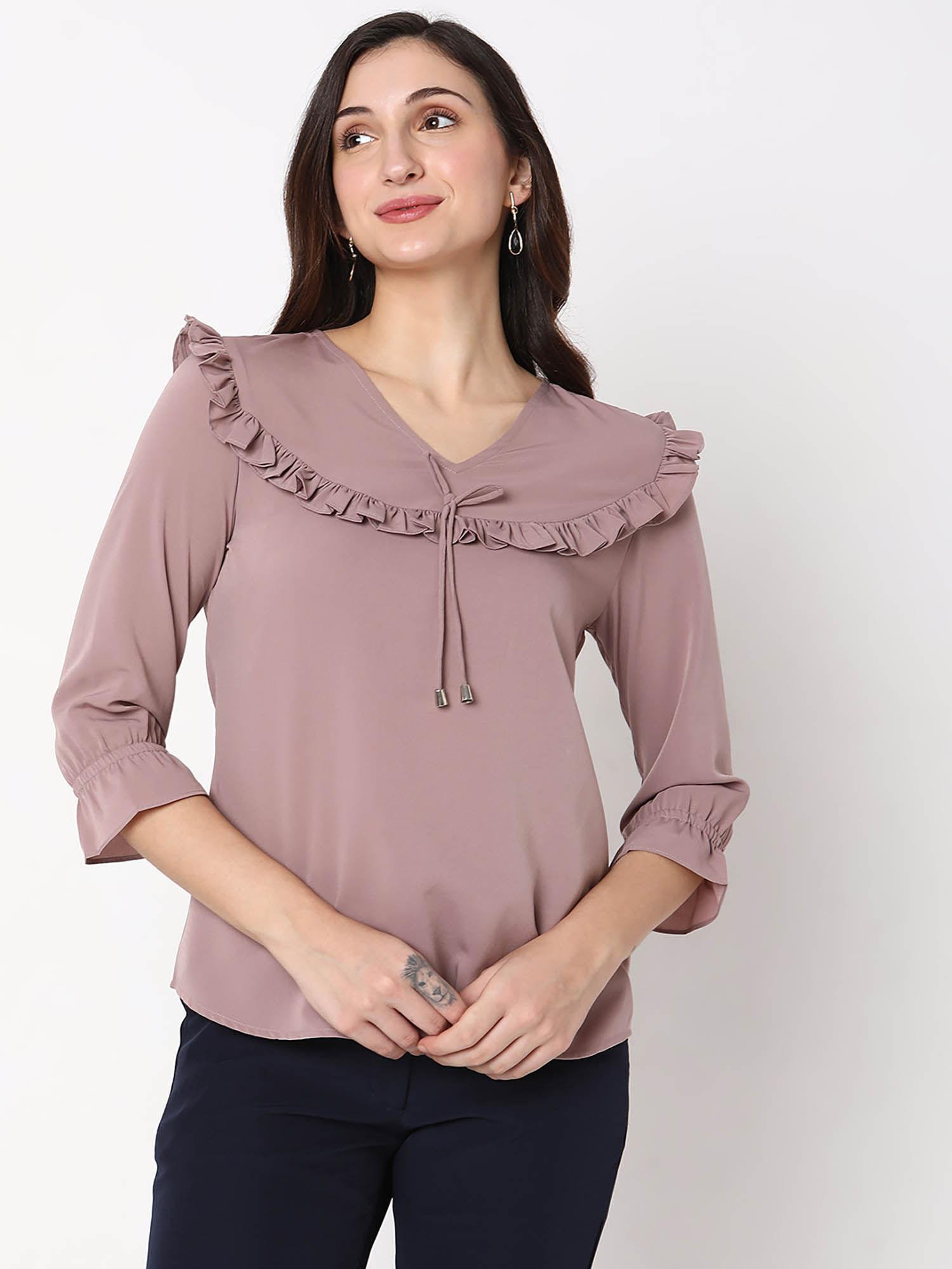 solid mauve three fourth sleeves top with detailing