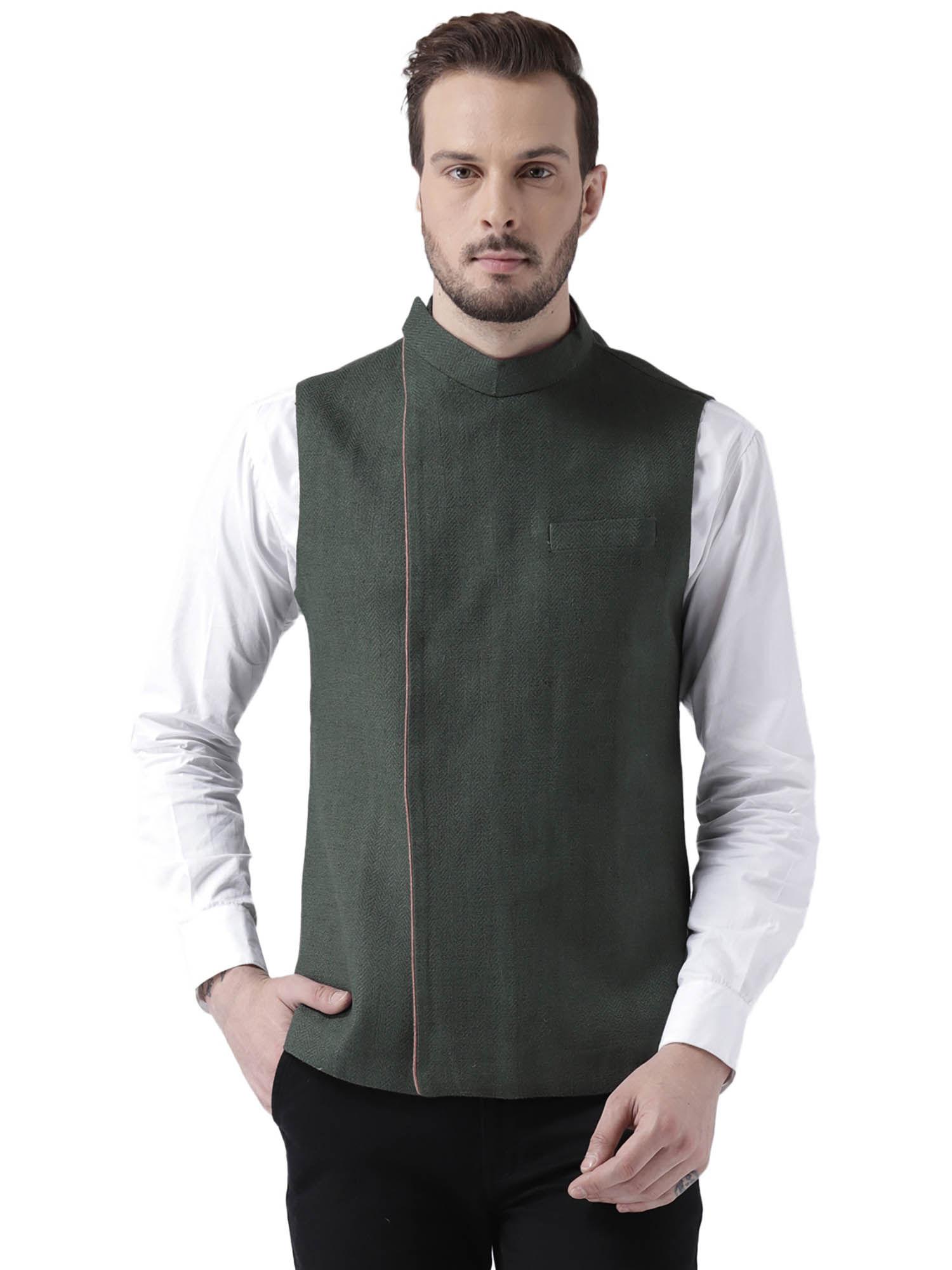 solid men bottle green nehru jacket