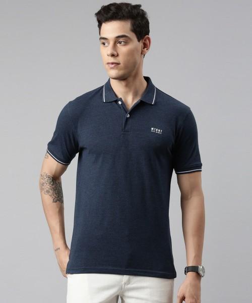 solid men polo neck cotton blend dark blue t-shirt