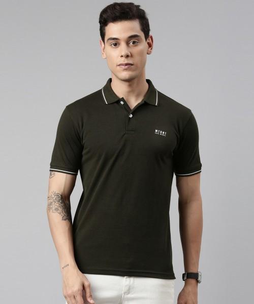 solid men polo neck cotton blend dark green t-shirt