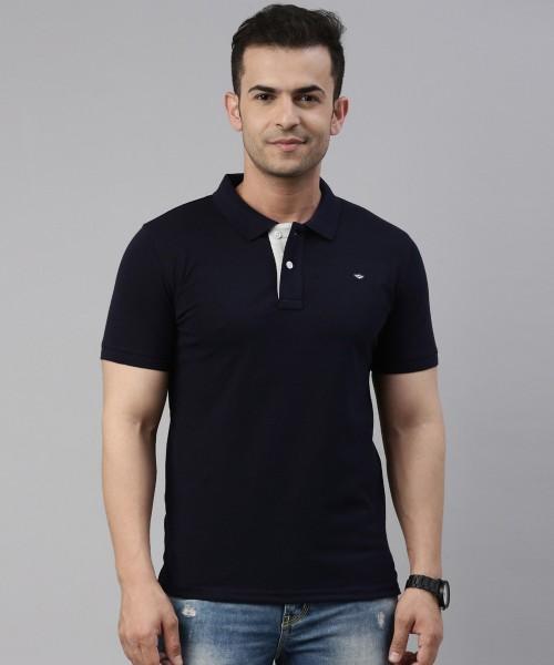 solid men polo neck cotton blend navy blue t-shirt