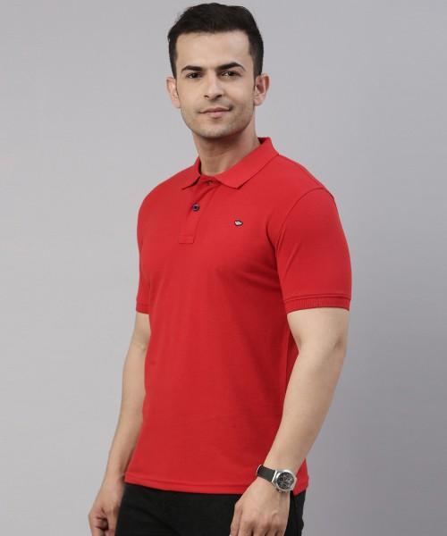 solid men polo neck cotton blend red t-shirt