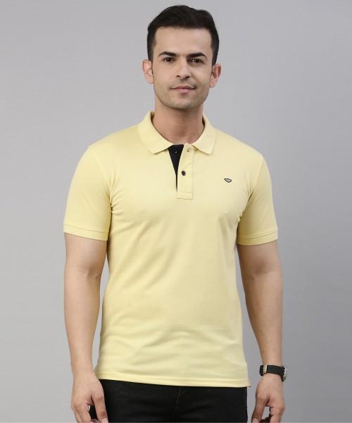 solid men polo neck cotton blend yellow t-shirt