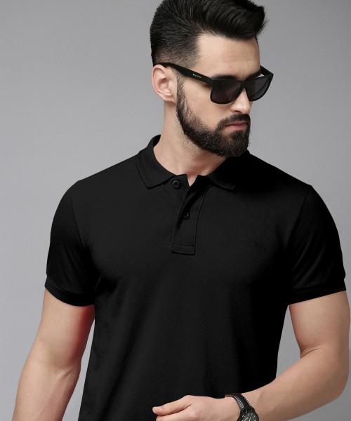 solid men polo neck poly cotton black t-shirt