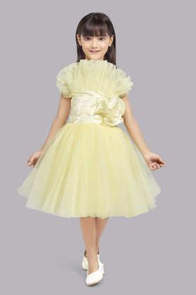 solid mesh asymmetric girls party wear dress - yellow