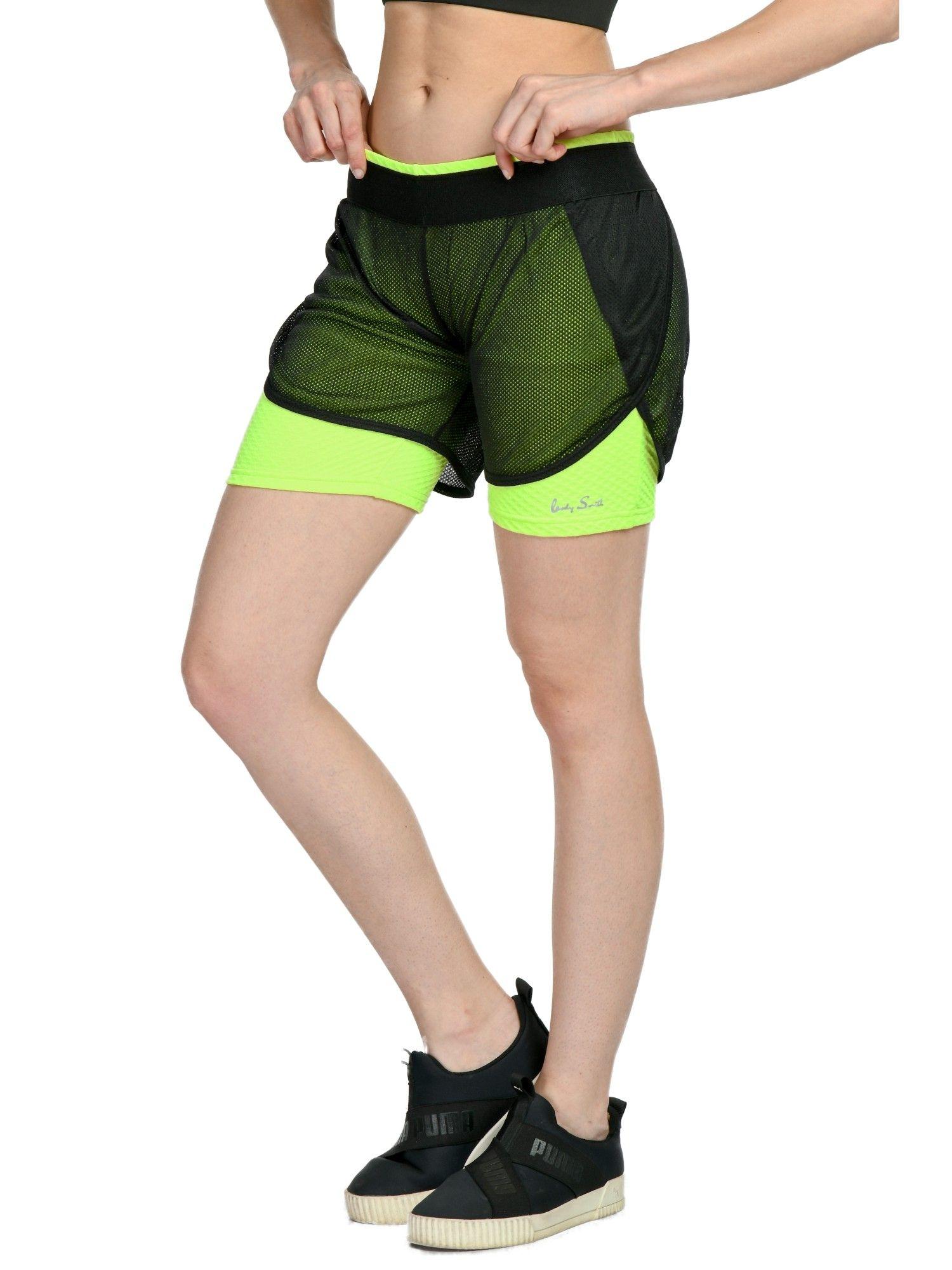 solid mesh black neon green sports shorts