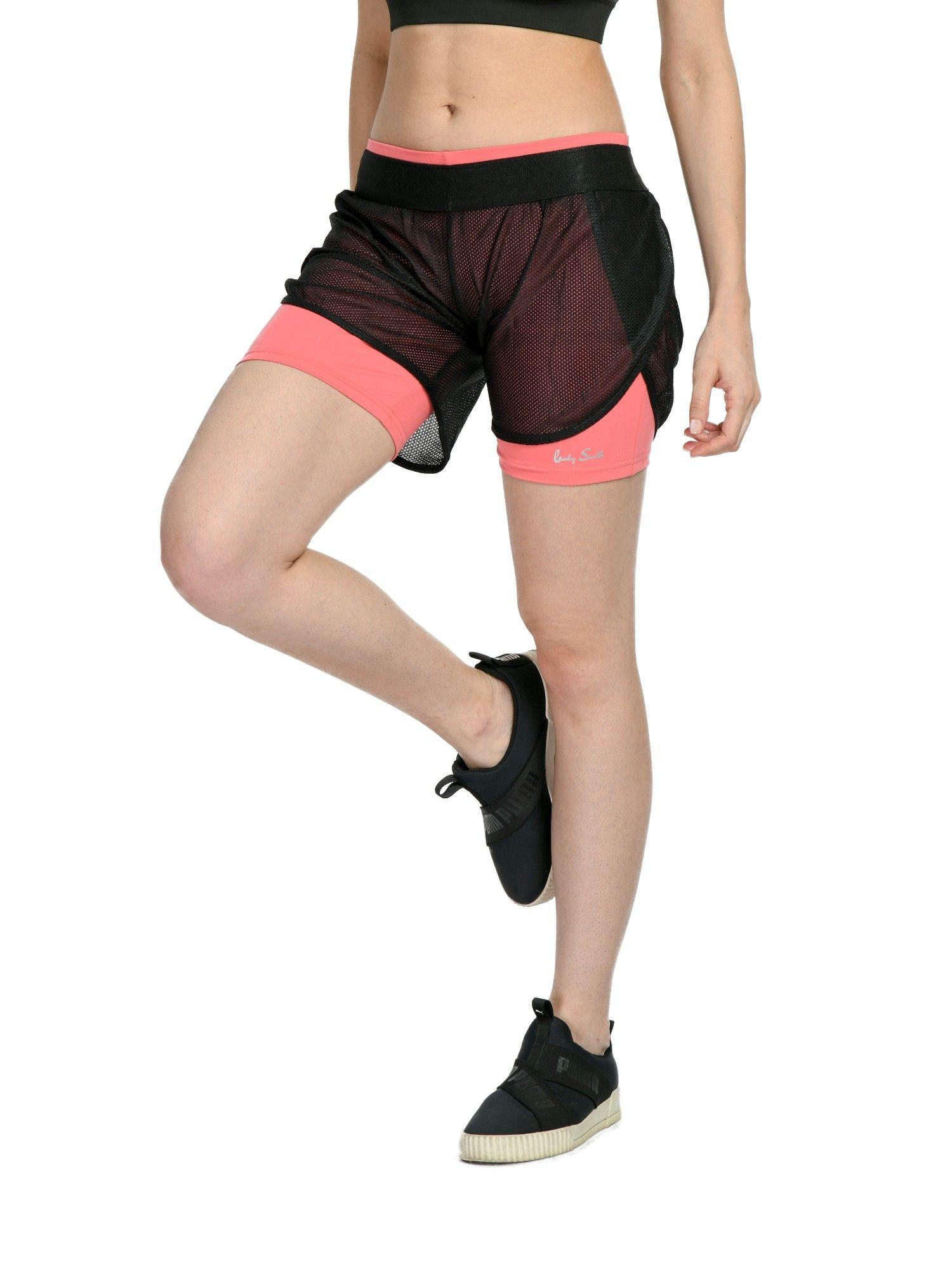 solid mesh black neon pink sports shorts