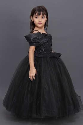 solid mesh off shoulder girls party wear gown - black