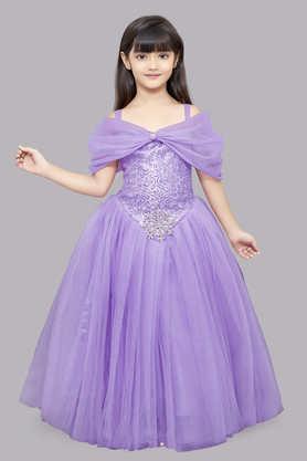 solid mesh off shoulder girls party wear gown - lavender