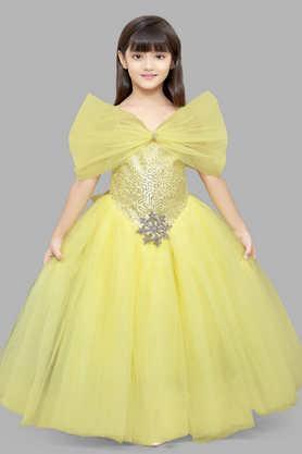 solid mesh off shoulder girls party wear gown - yellow