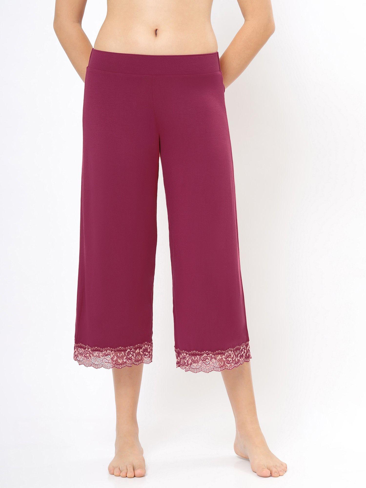 solid mid rise below knee pyjama bottom purple