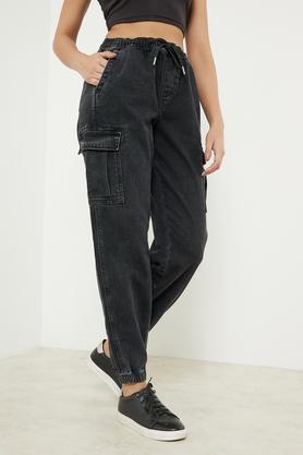 solid mid rise denim relaxed fit women's jeans - charcoal