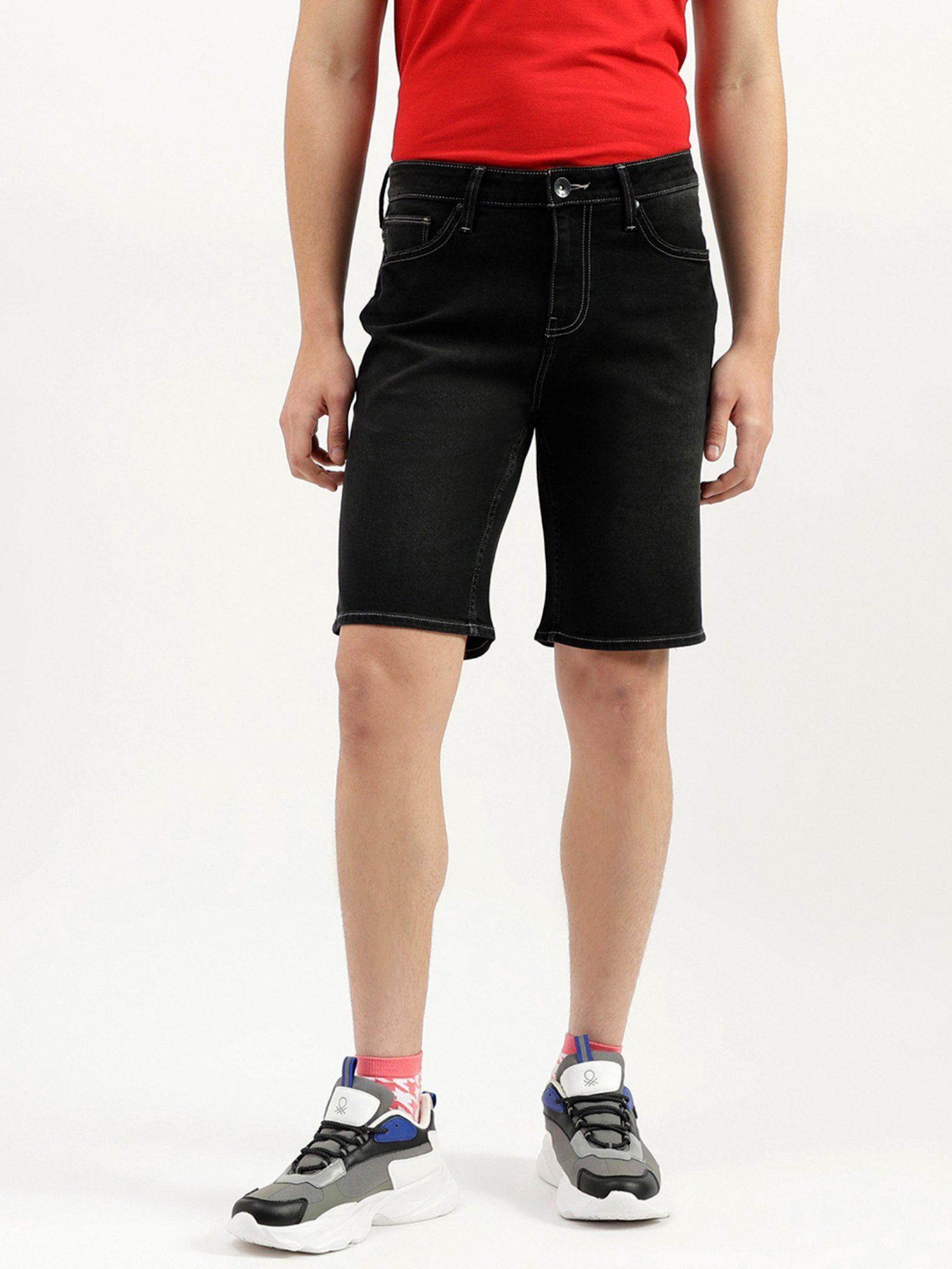 solid mid rise slim fit denim shorts black