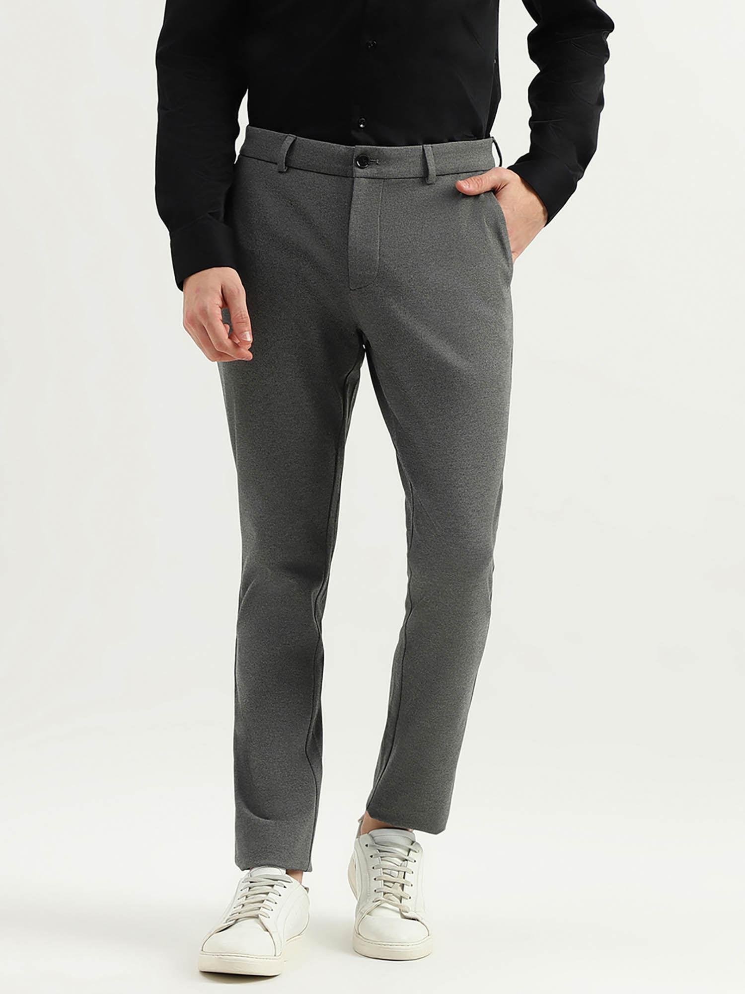 solid mid rise slim fit trousers grey