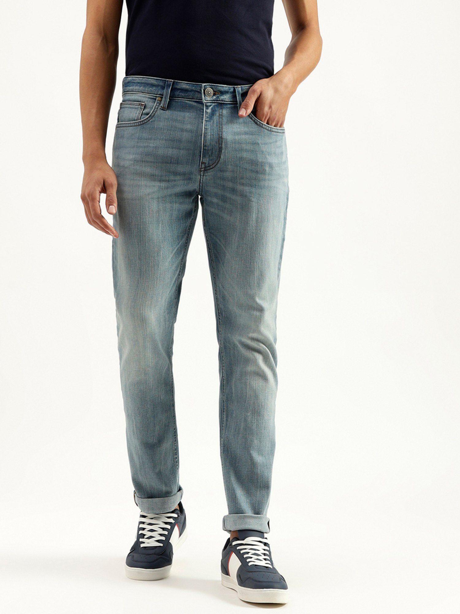 solid mid rise slim straight jeans blue