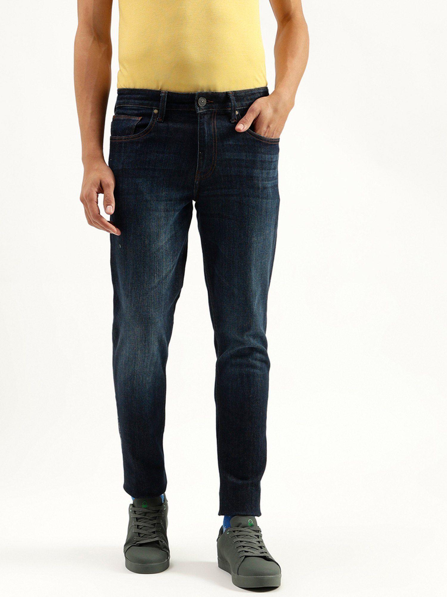 solid mid rise slim tapered fit jeans navy blue