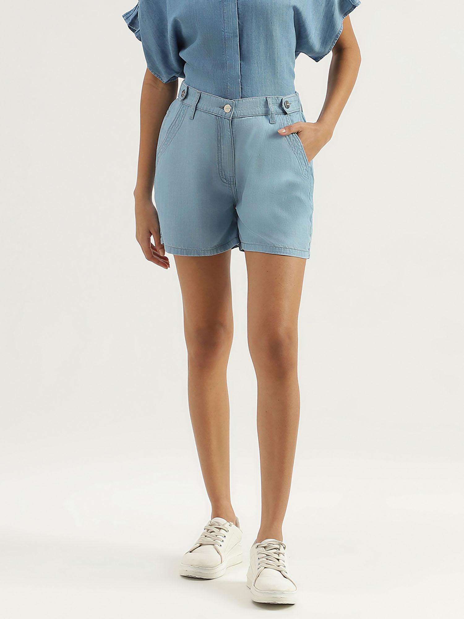 solid mid waist regular fit denim shorts