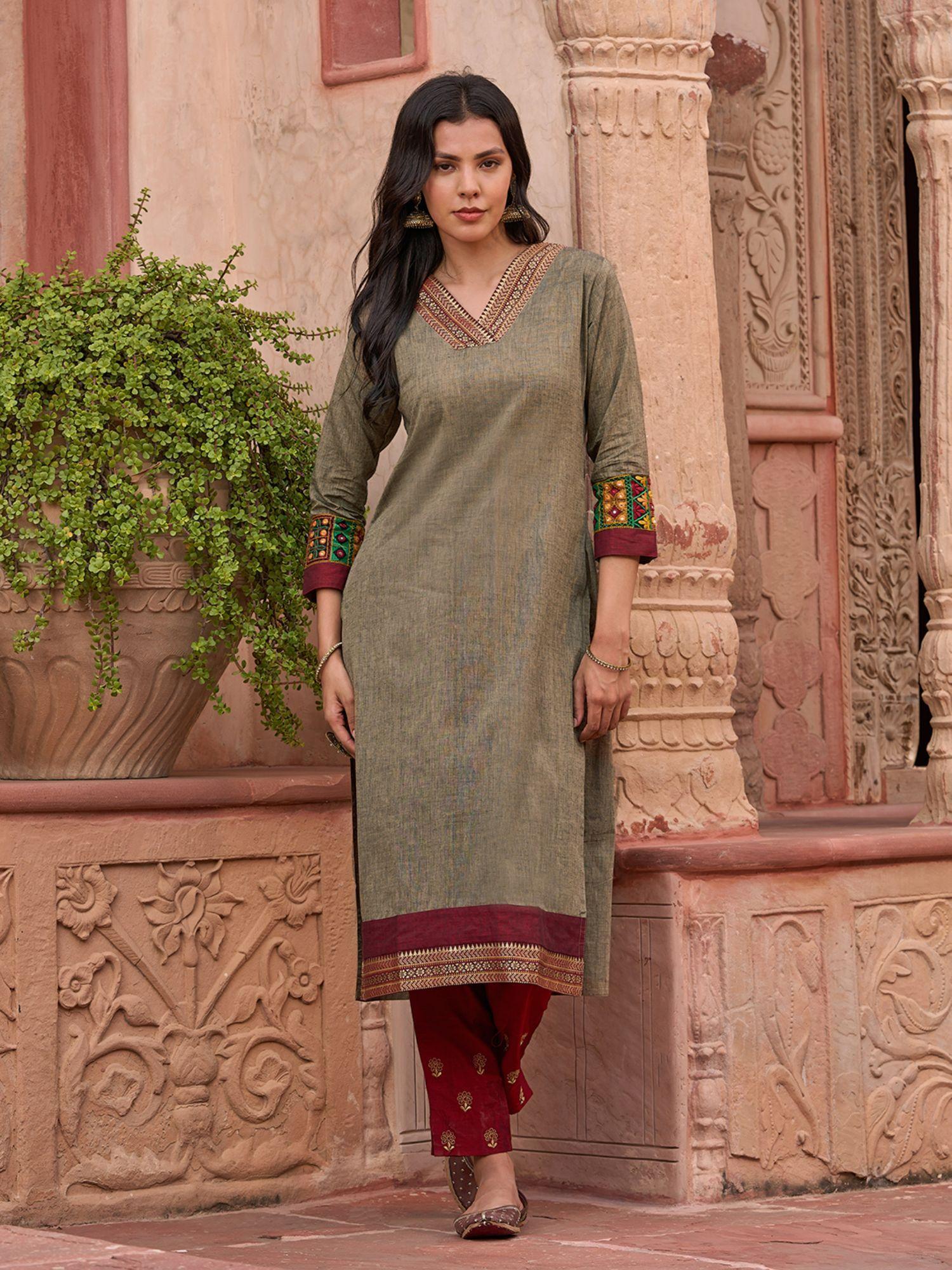 solid mirror embroidered kurta - brown