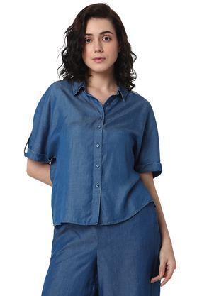 solid modal regular fit women's shirt - blue