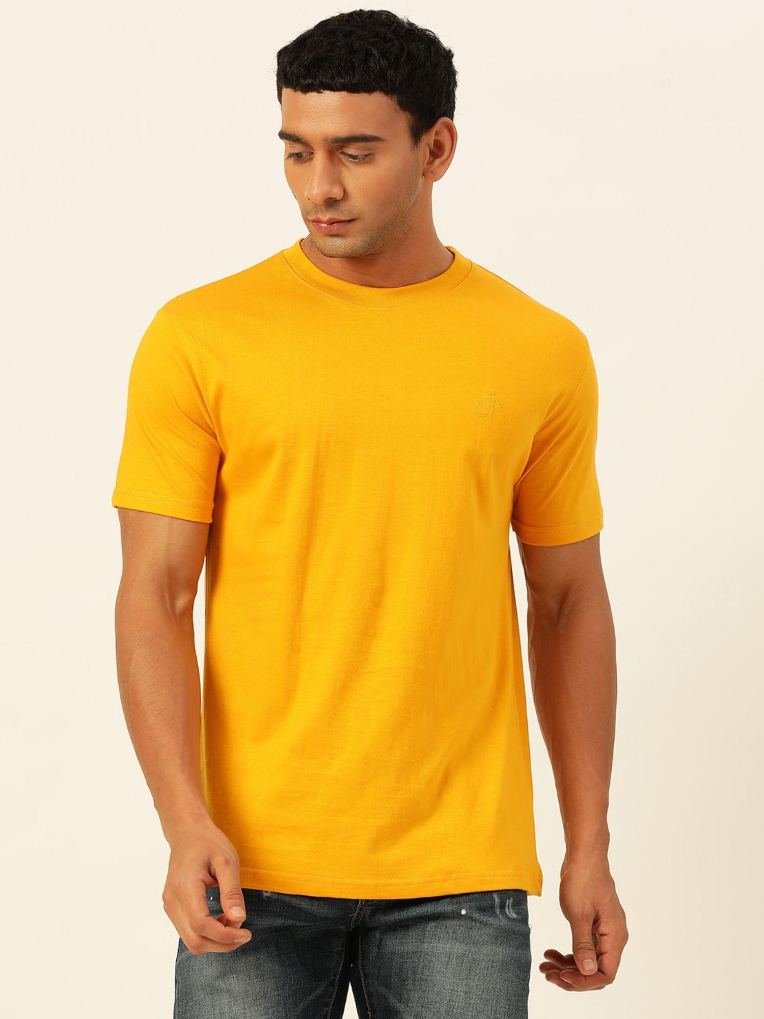 solid mustard round neck cotton relaxed fit t shirt