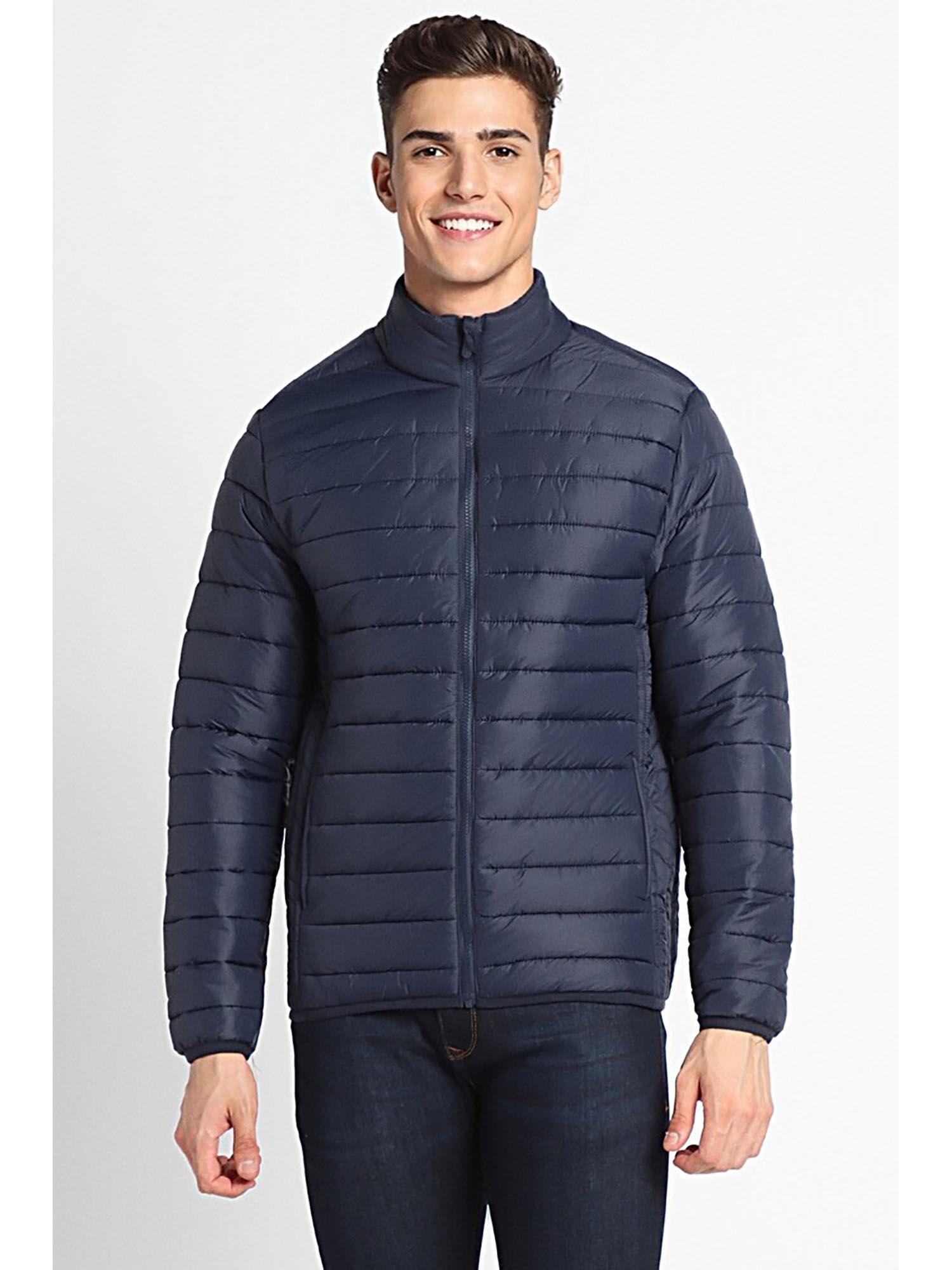 solid navy blue puffer jacket