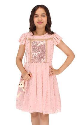 solid net round neck girl's casual wear dress - peach