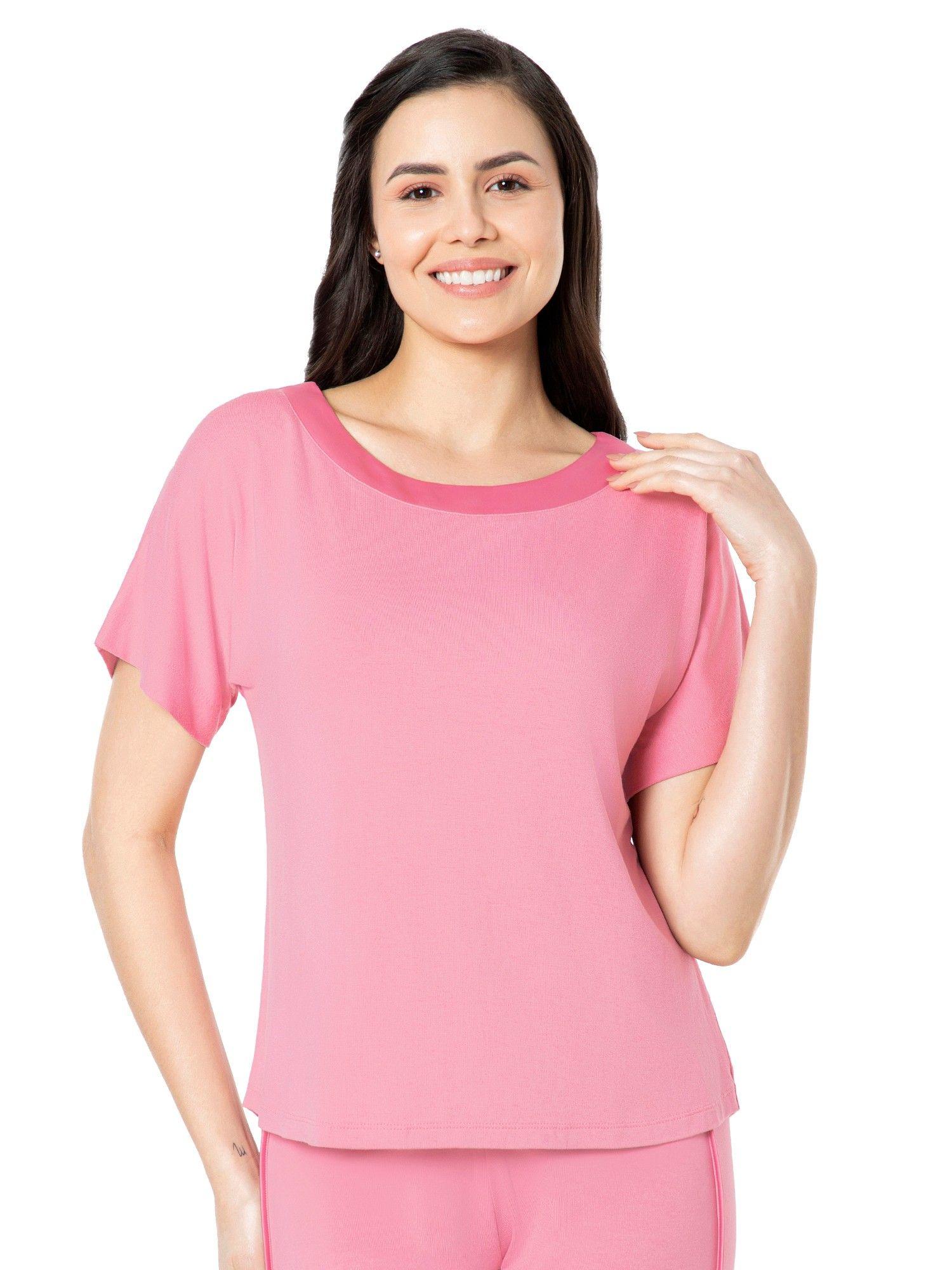 solid non padded non-wired half sleeve round neck pyjama top tee - pink