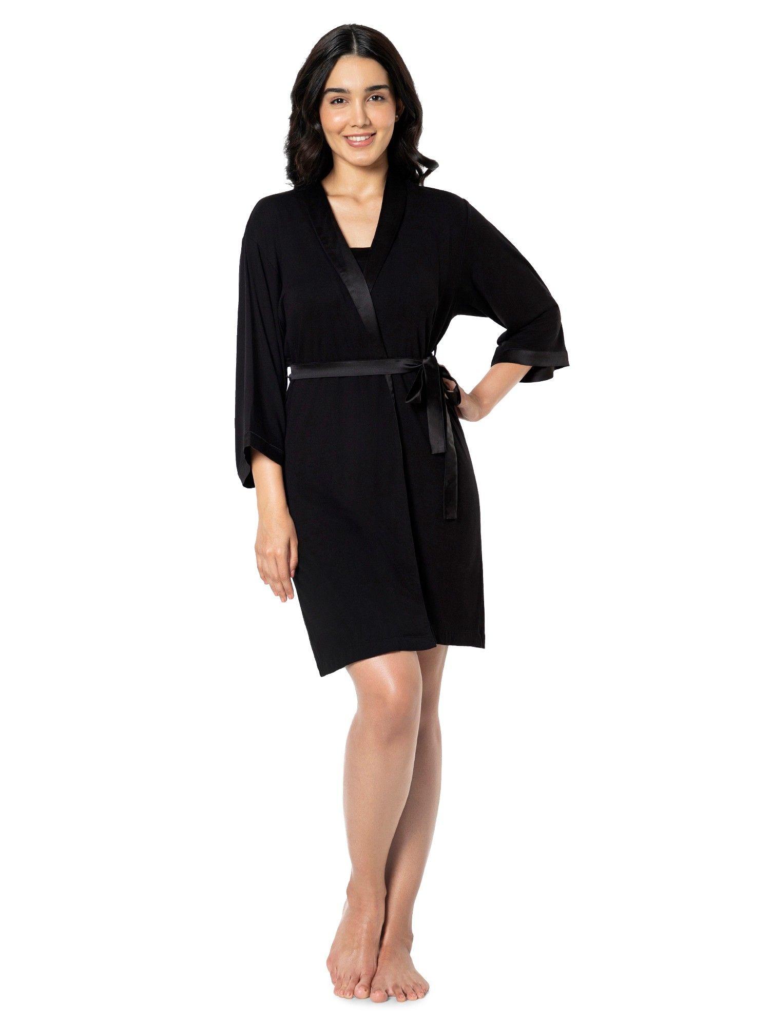 solid non padded non-wired three-quarters sleeve v-neck knee length sleep robe - black