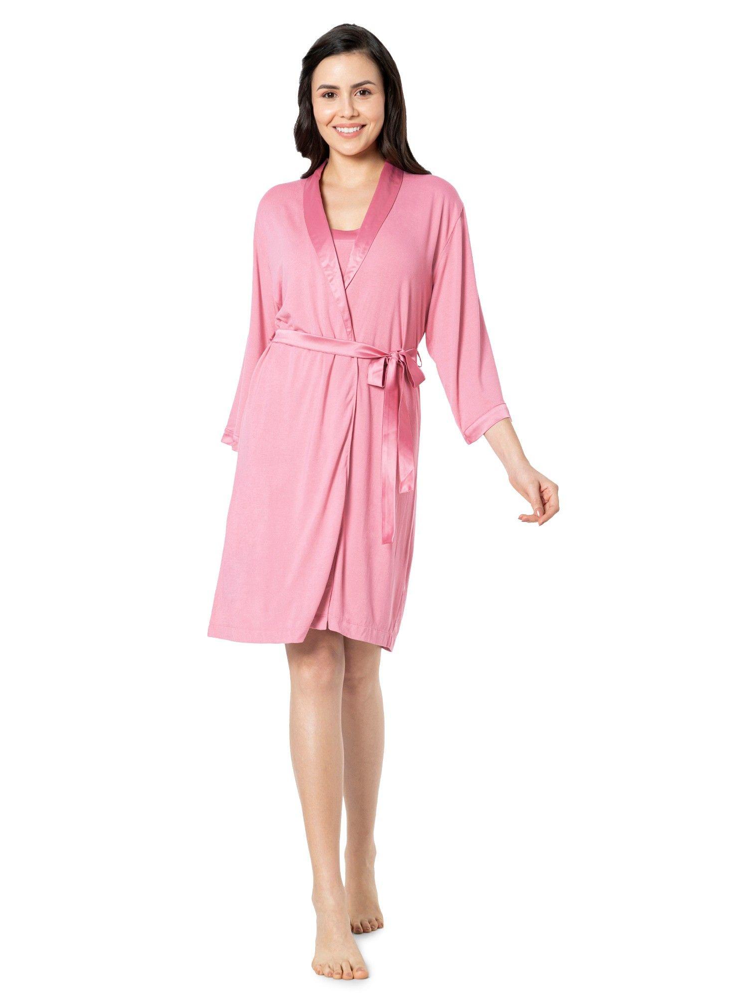 solid non padded non-wired three-quarters sleeve v-neck knee length sleep robe - pink