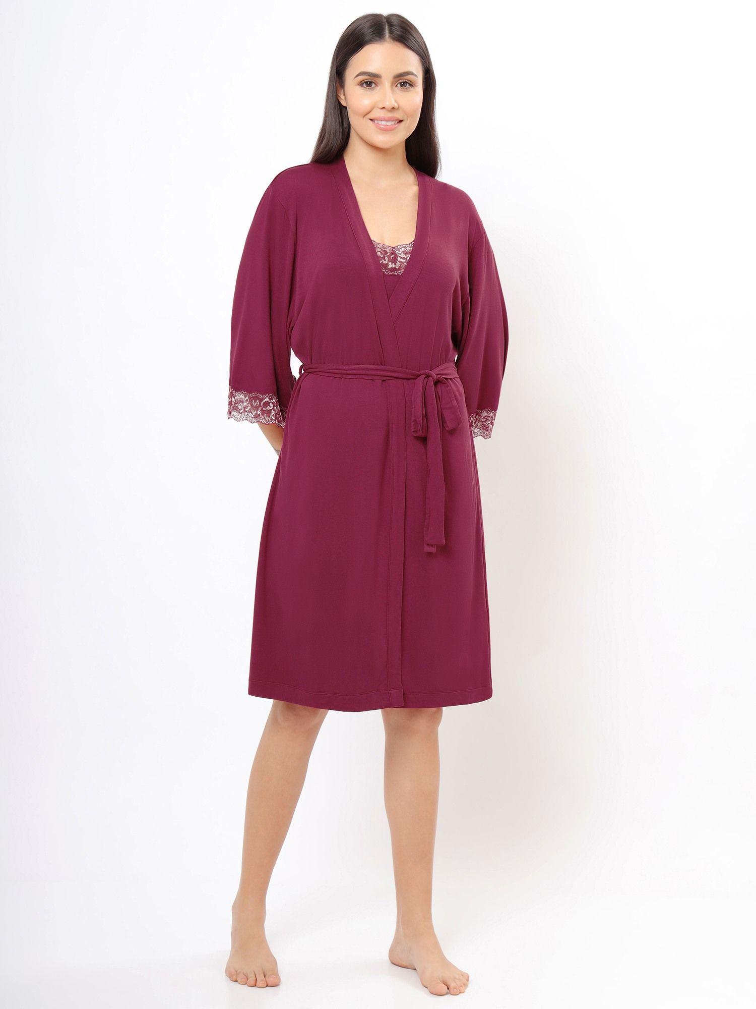 solid non padded v-neck three quarters sleeve above knee sleep robe purple