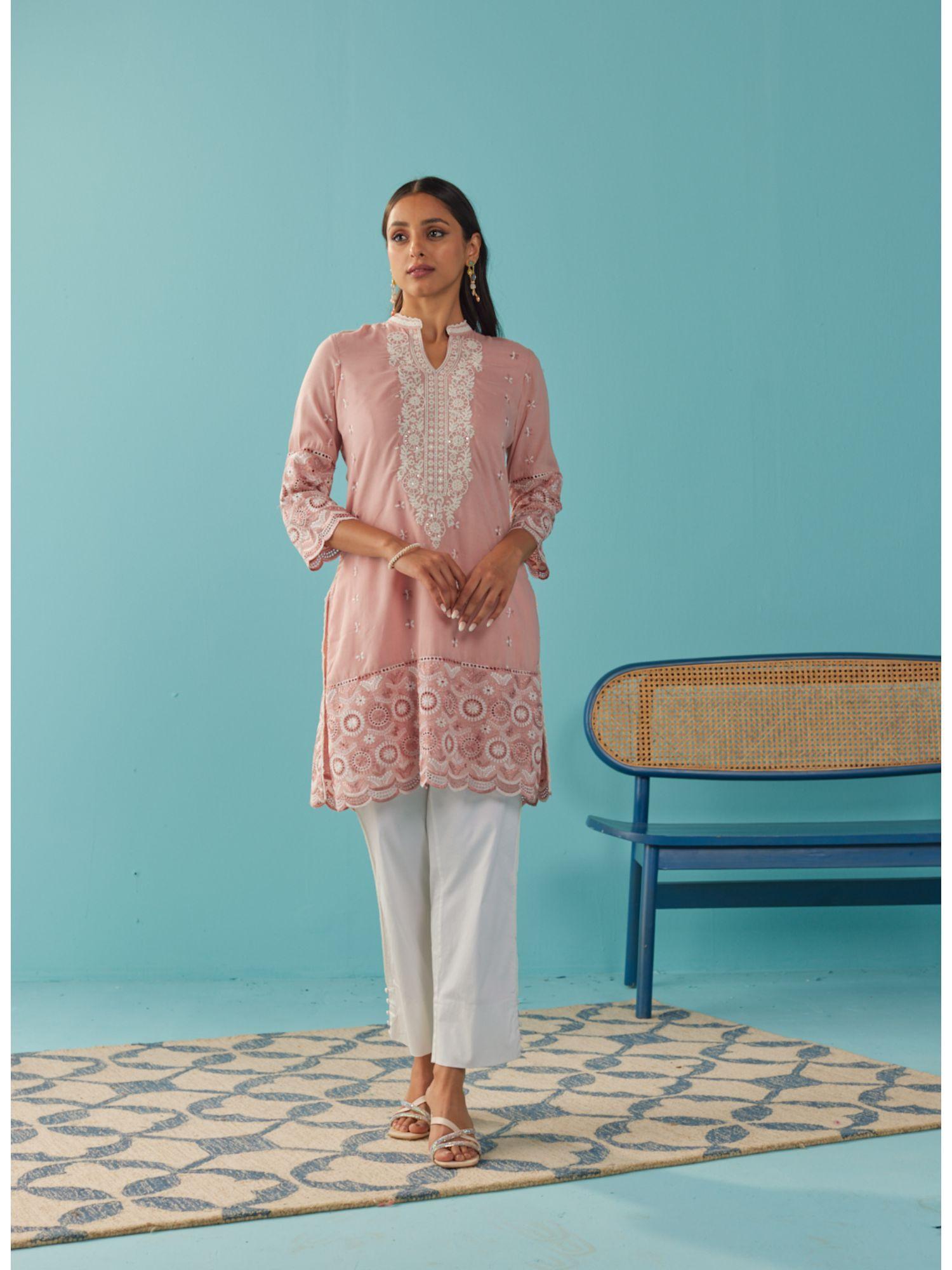 solid nude peach knee length kurti with embroidered sleeve