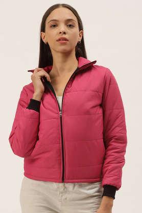 solid nylon high neck women's jacket - fuchsia