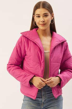 solid nylon high neck women's jacket - fuchsia