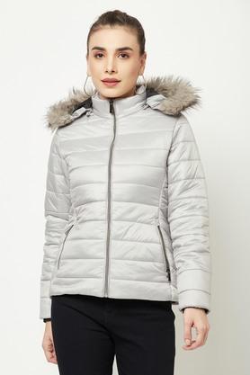 solid nylon hood womens padded jacket - silver