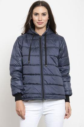 solid nylon hooded women's jacket - blue