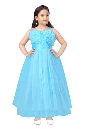 solid nylon round neck girls party wear gown - blue