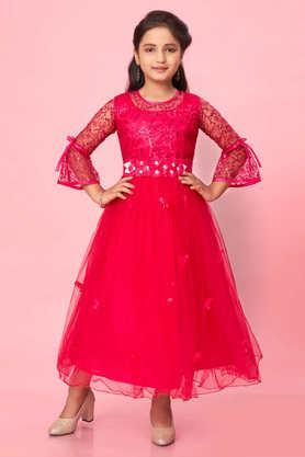solid nylon round neck girls party wear gown - pink