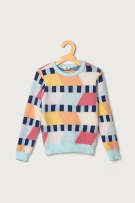 solid nylon round neck girls sweater - multi