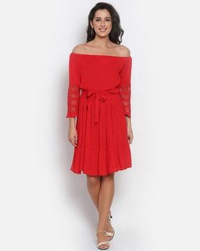 solid off shoulder  fit and flare dress