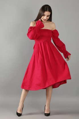solid off shoulder cotton women's dress - pink