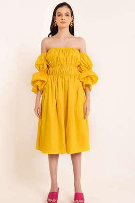 solid off shoulder cotton women's dress - yellow