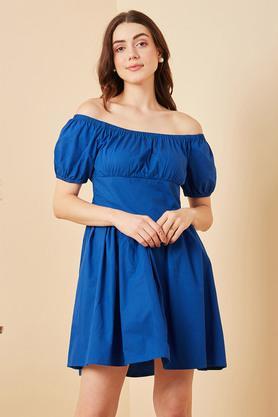 solid off shoulder cotton women's mini dress - blue