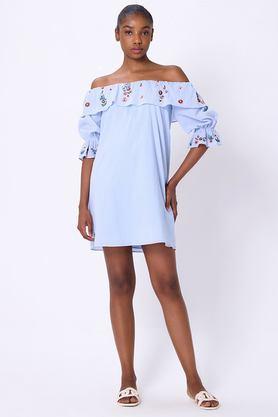 solid off shoulder cotton women's mini dress - blue