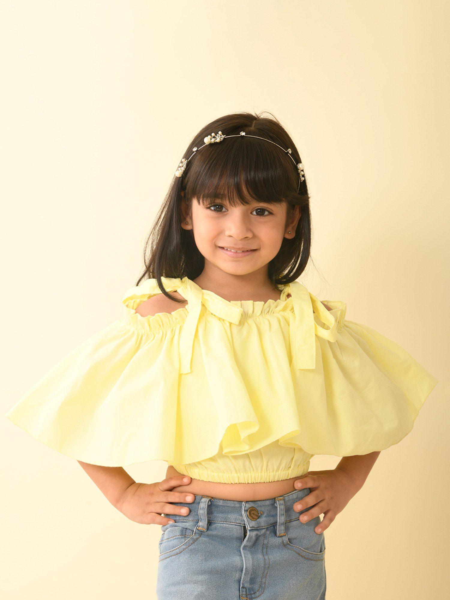 solid off shoulder frilled crop top -yellow