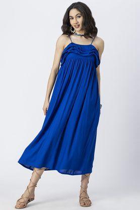 solid off shoulder rayon women's full length dress - blue