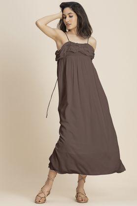 solid off shoulder rayon women's full length dress - brown