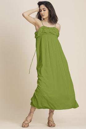 solid off shoulder rayon women's full length dress - green