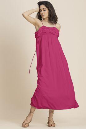solid off shoulder rayon women's full length dress - pink